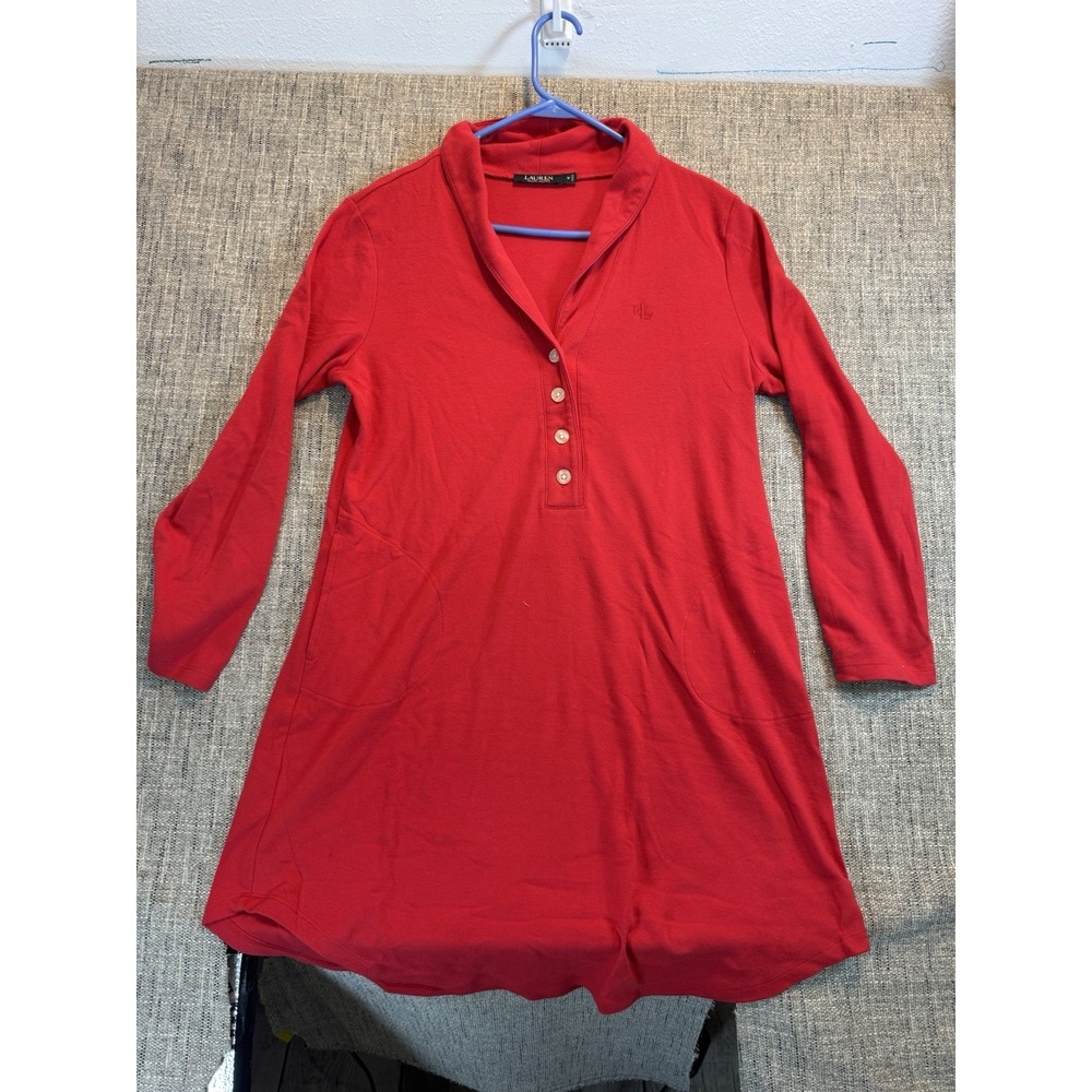 Lauren Ralph Lauren Med Red Polar Fleece Shirt Dress Holiday Boho Soft Holiday